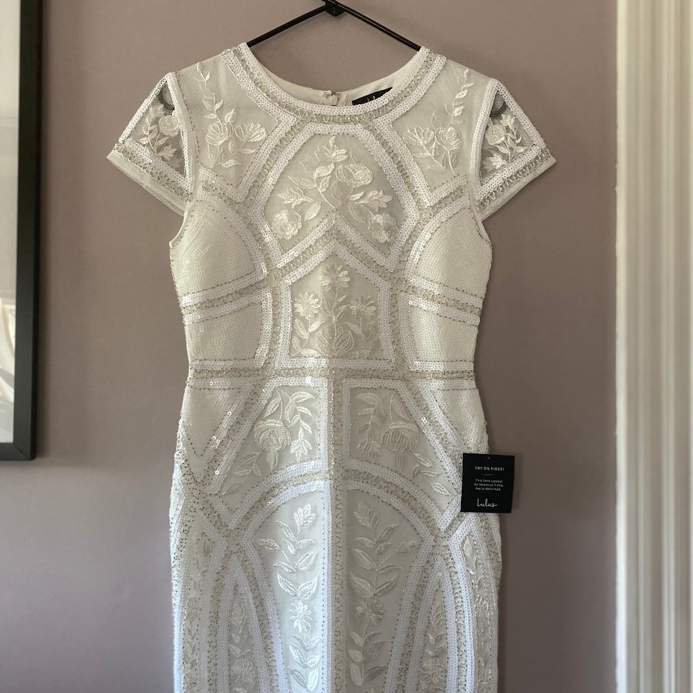 Lulu's Spread Your Shine White Sequin Embroidered Bodycon Dress, Size M, NWT